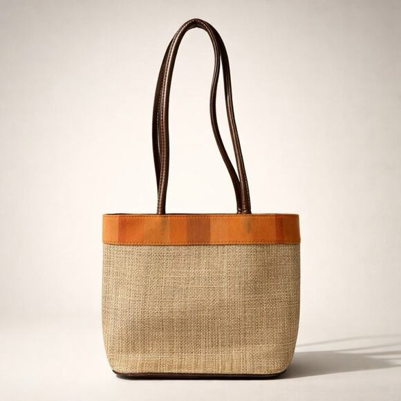 Bueno Handbags - VTG Y2K 00’s Bueno Leather Canvas Woven Straw Shoulder Tote Bag Beige Brown